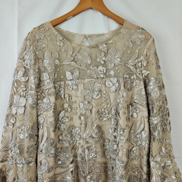 Badgley Mischka Belle Sequin Bell Sleeve Formal Mini Dress 12 Bridal Gown Gold - Picture 9 of 14